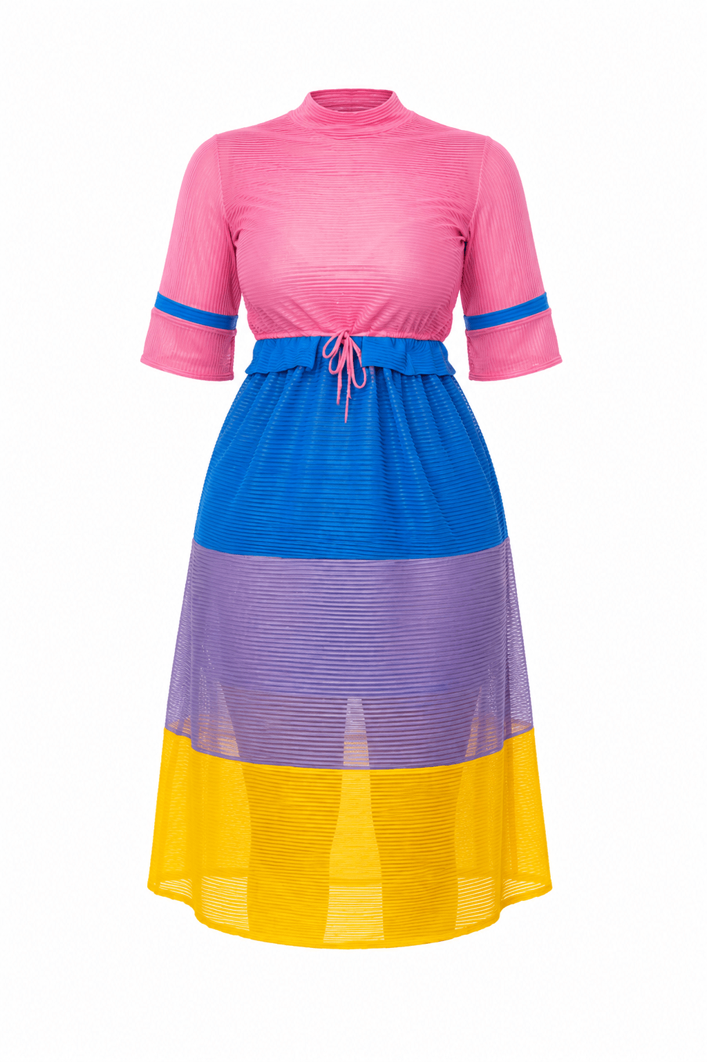 Women's Color Block Sheer Mesh Midi Dress – Mock Neck 3/4 Sleeve Adjustable Waist Dress - Midi Dresses - Cherubim Aura