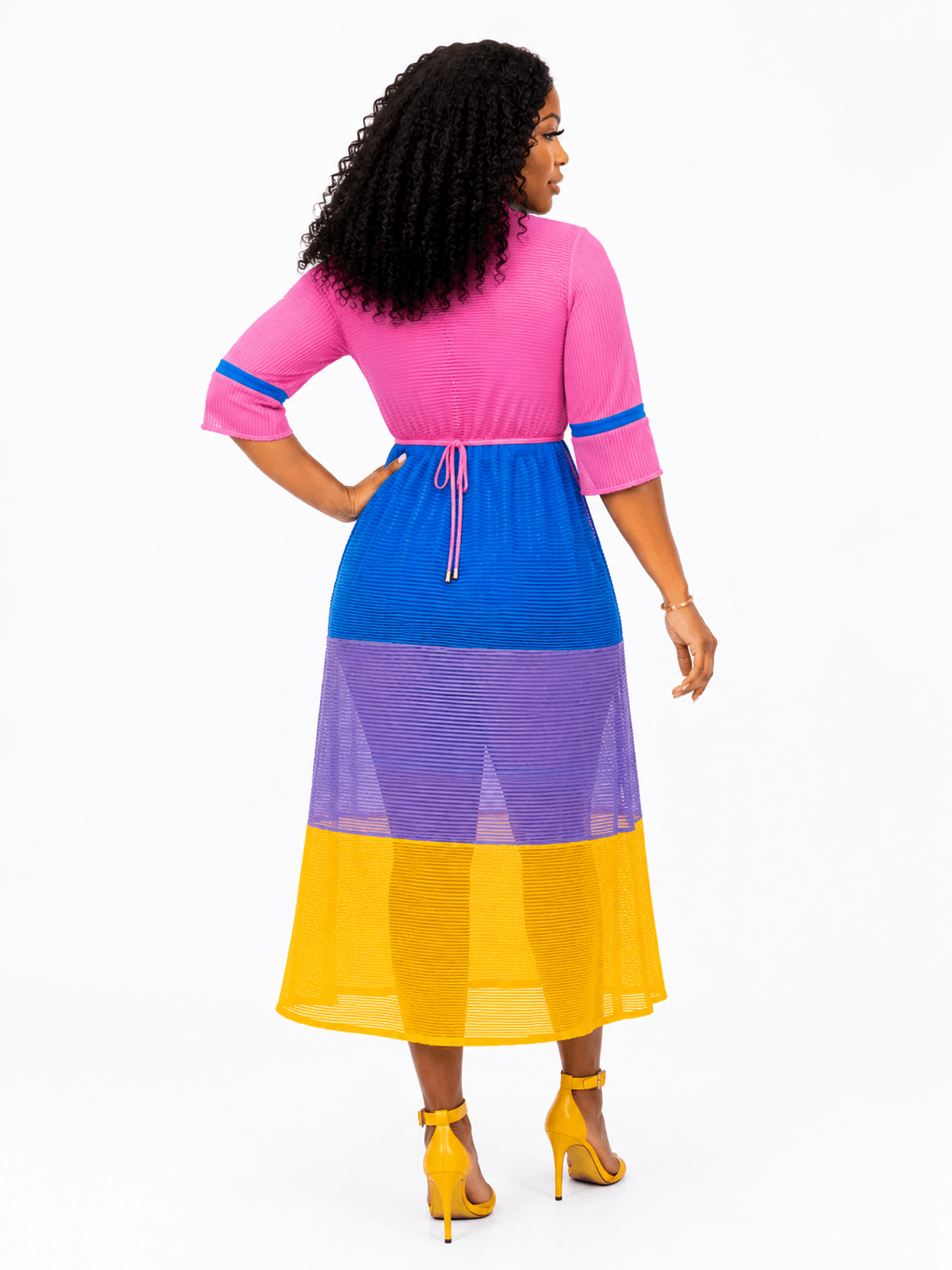 Women's Color Block Sheer Mesh Midi Dress – Mock Neck 3/4 Sleeve Adjustable Waist Dress - Midi Dresses - Cherubim Aura