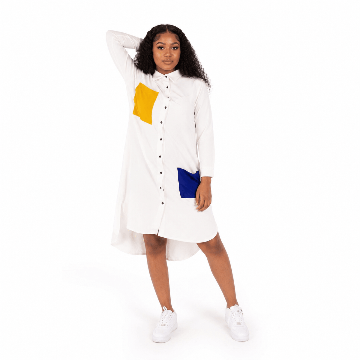 Women's Color Block Shirt Midi Dress with Pockets | Long Sleeve Button-Down | One Size UK 10–14 - Midi Dresses - Cherubim Aura