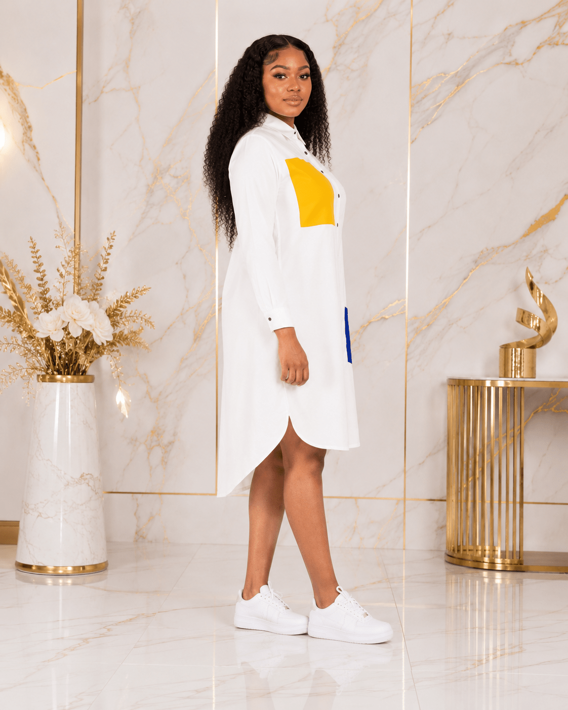 Women's Color Block Shirt Midi Dress with Pockets | Long Sleeve Button-Down | One Size UK 10–14 - Midi Dresses - Cherubim Aura