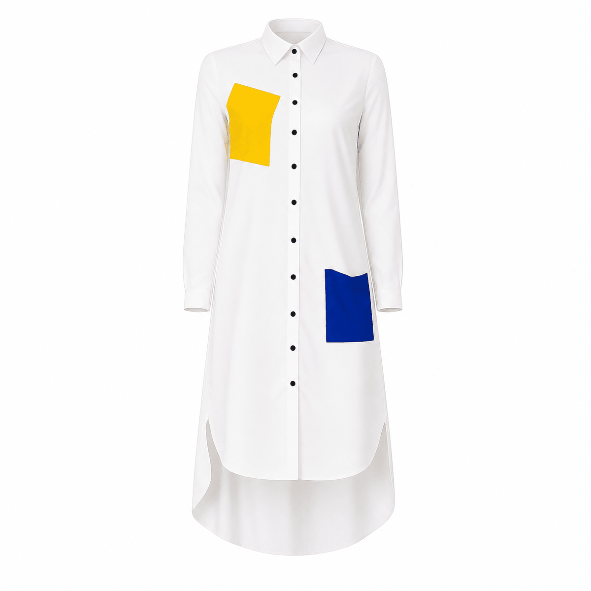 Women's Color Block Shirt Midi Dress with Pockets | Long Sleeve Button-Down | One Size UK 10–14 - Midi Dresses - Cherubim Aura