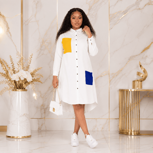 Women's Color Block Shirt Midi Dress with Pockets | Long Sleeve Button-Down | One Size UK 10–14 - Midi Dresses - Cherubim Aura