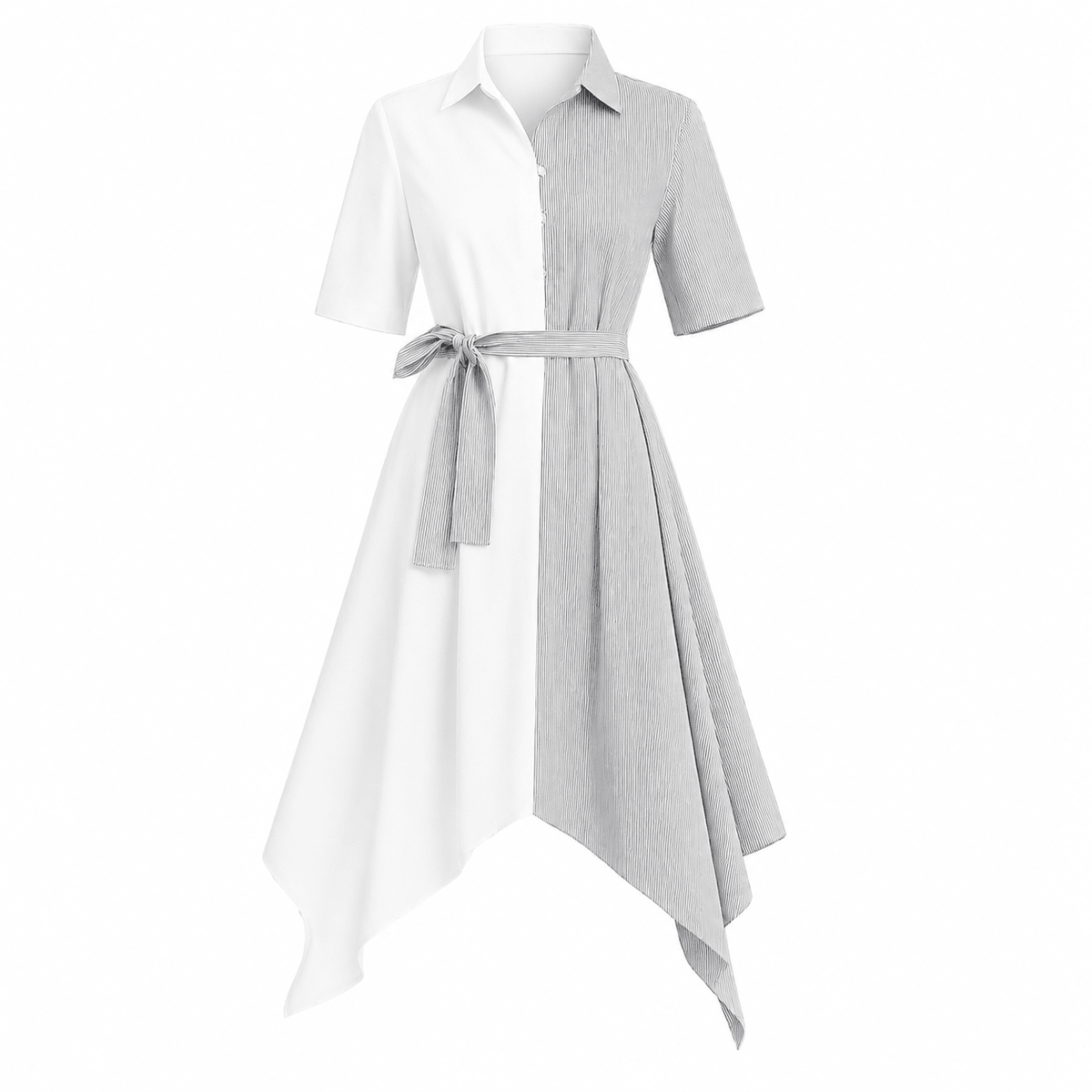 Women's Color Block Striped Shirt Dress – Asymmetrical Hem Belted Midi Dress - Mini Dress - Cherubim Aura