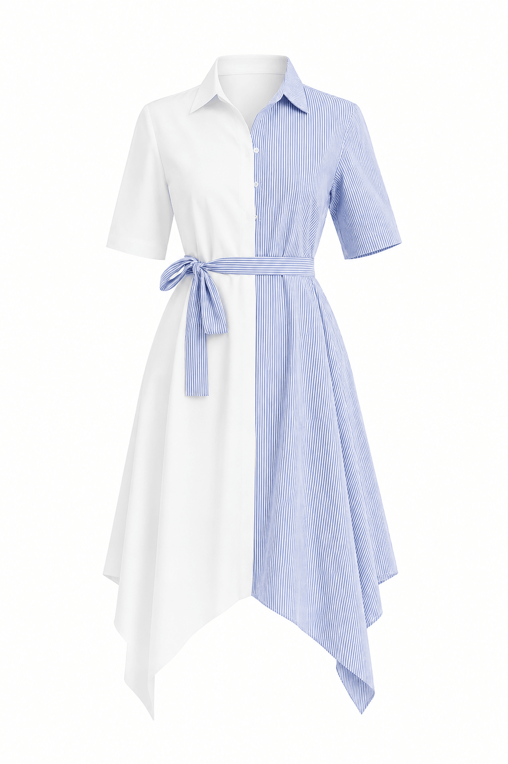 Women's Color Block Striped Shirt Dress – Asymmetrical Hem Belted Midi Dress - Mini Dress - Cherubim Aura
