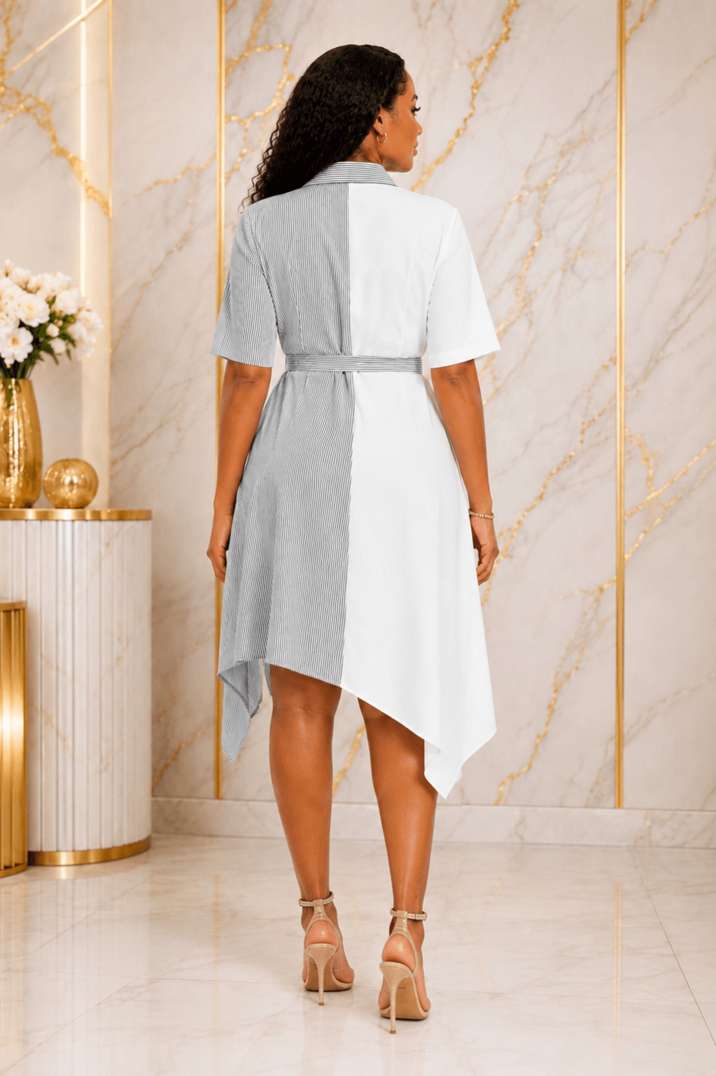 Women's Color Block Striped Shirt Dress – Asymmetrical Hem Belted Midi Dress - Mini Dress - Cherubim Aura
