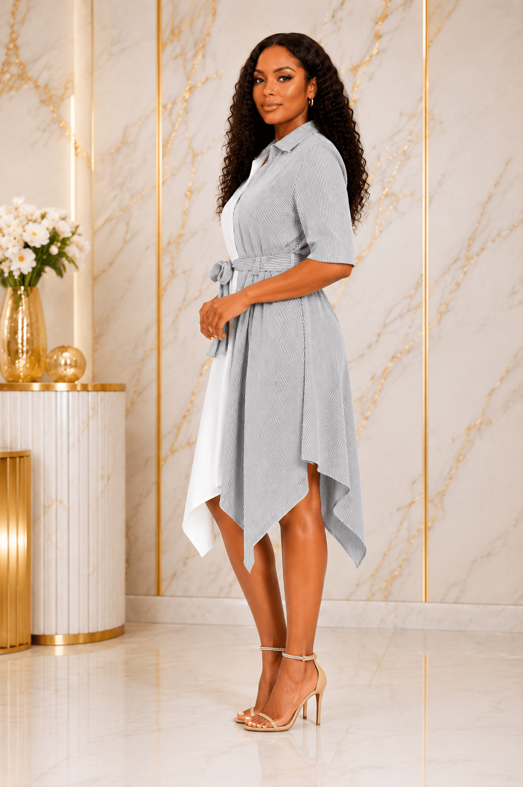Women's Color Block Striped Shirt Dress – Asymmetrical Hem Belted Midi Dress - Mini Dress - Cherubim Aura