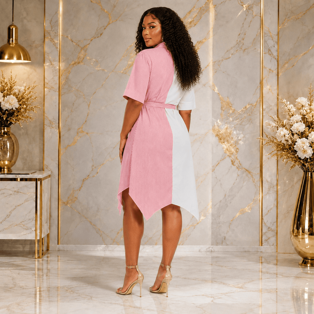 Women's Color Block Striped Shirt Dress – Asymmetrical Hem Belted Midi Dress - Mini Dress - Cherubim Aura