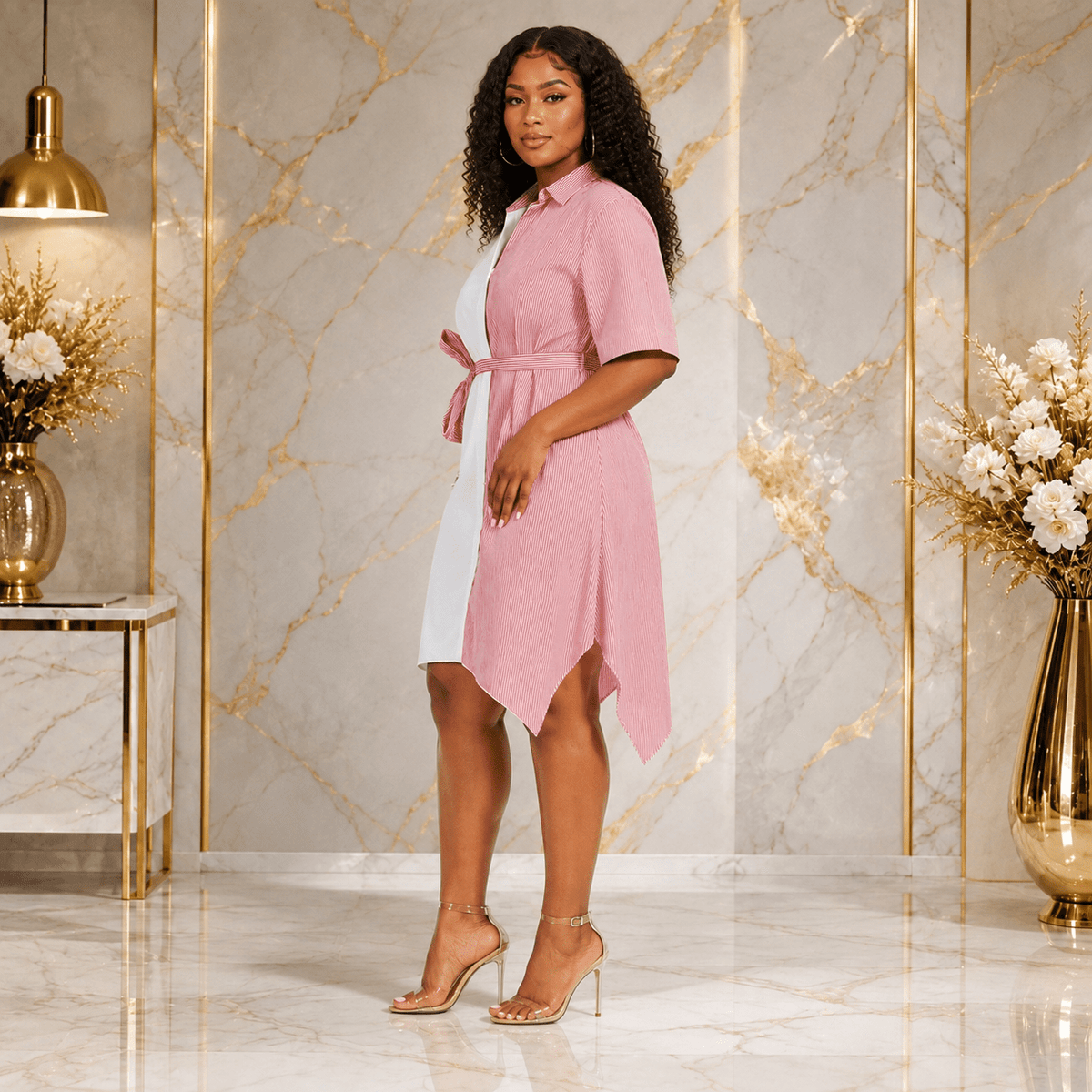 Women's Color Block Striped Shirt Dress – Asymmetrical Hem Belted Midi Dress - Mini Dress - Cherubim Aura