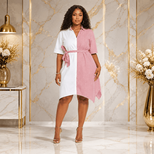 Women's Color Block Striped Shirt Dress – Asymmetrical Hem Belted Midi Dress - Mini Dress - Cherubim Aura