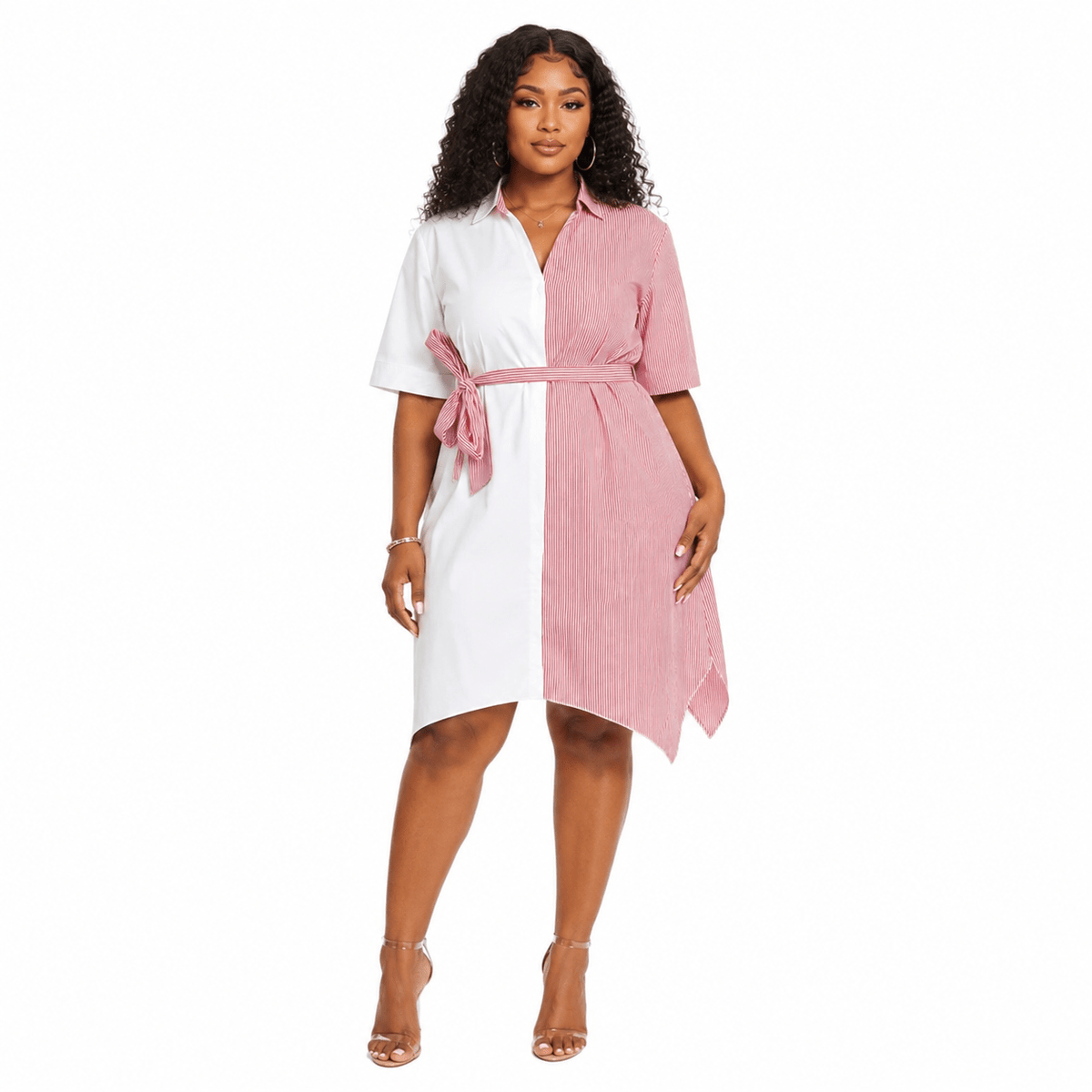 Women's Color Block Striped Shirt Dress – Asymmetrical Hem Belted Midi Dress - Mini Dress - Cherubim Aura