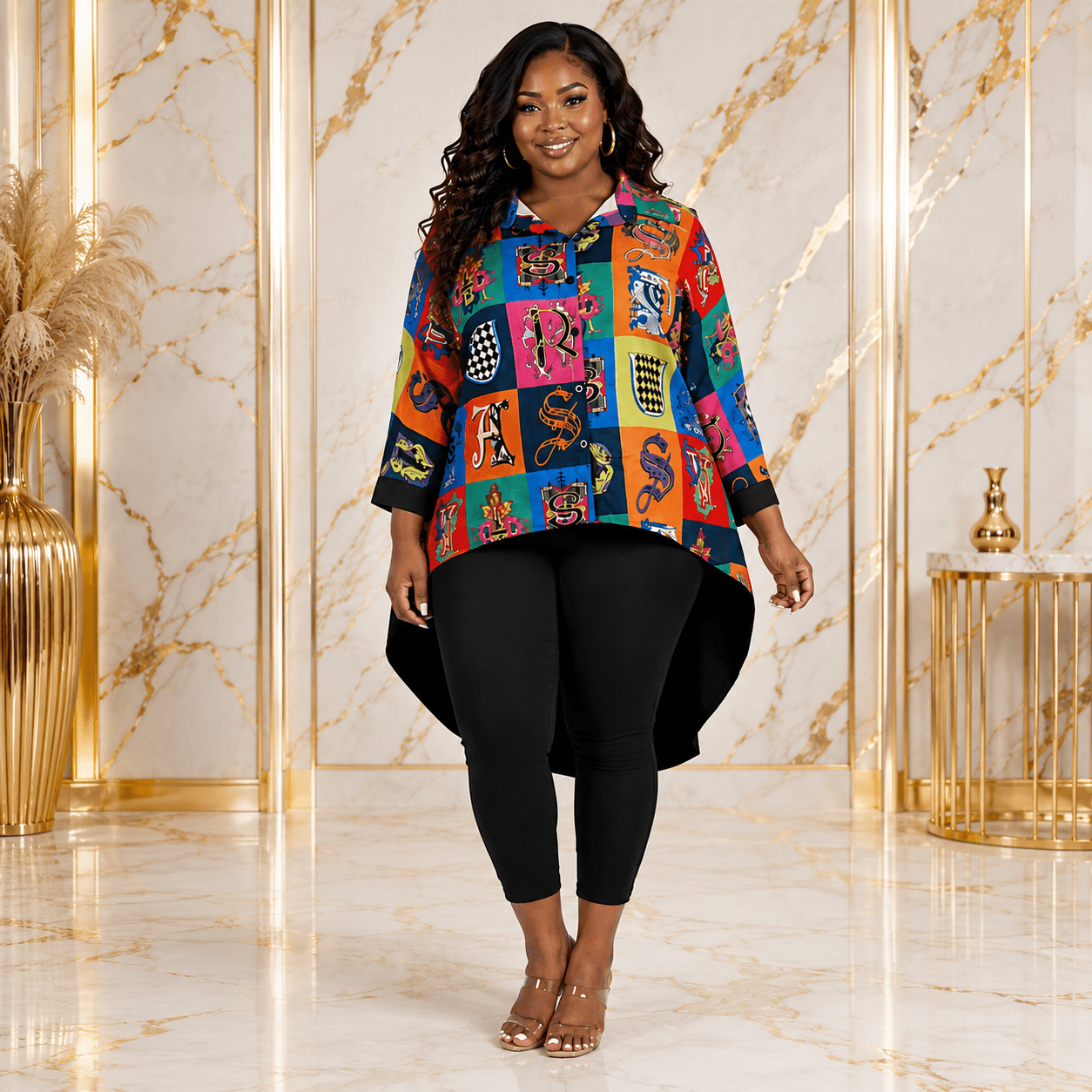 Women's Colorful Baroque Alphabet Print Oversized Button-Up Shirt – Plus Size Three-Quarter Sleeve High-Low Casual Blouse - Top - Cherubim Aura