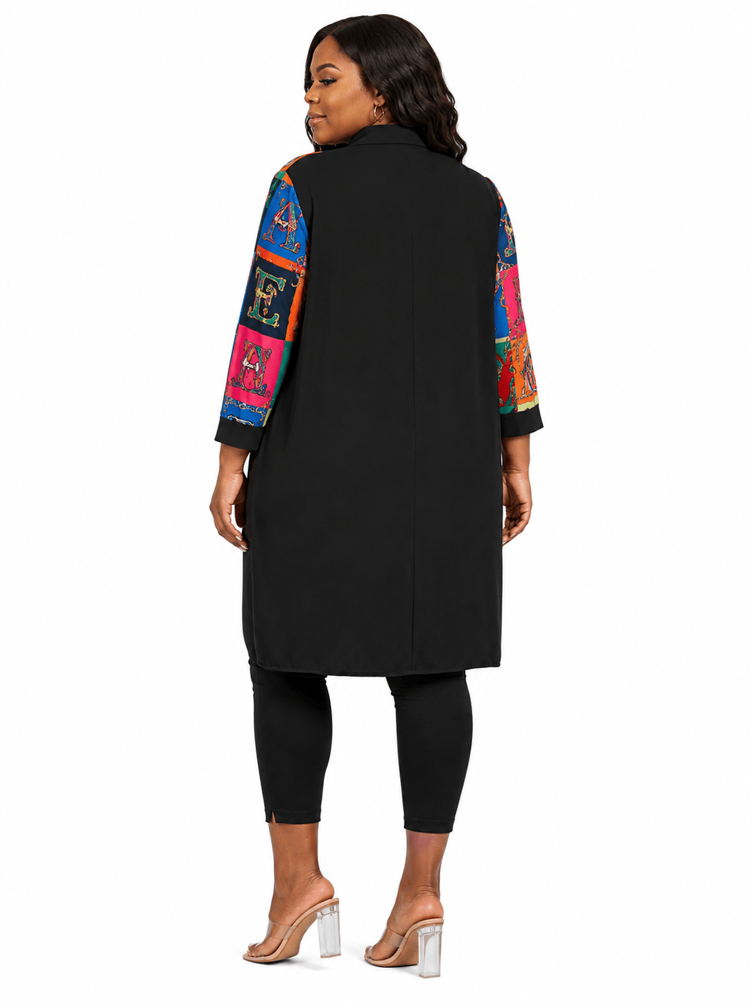 Women's Colorful Baroque Alphabet Print Oversized Button-Up Shirt – Plus Size Three-Quarter Sleeve High-Low Casual Blouse - Top - Cherubim Aura