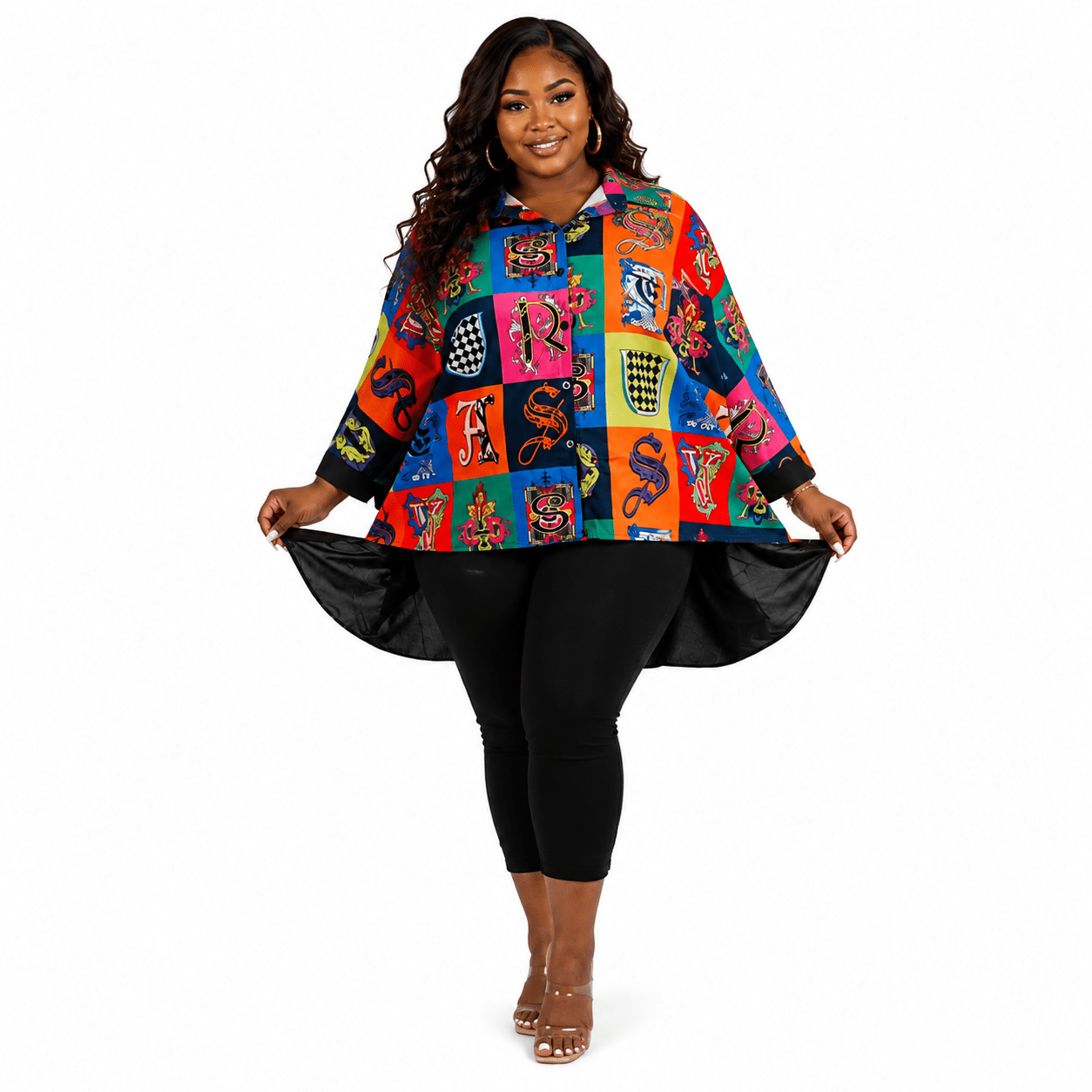 Women's Colorful Baroque Alphabet Print Oversized Button-Up Shirt – Plus Size Three-Quarter Sleeve High-Low Casual Blouse - Top - Cherubim Aura