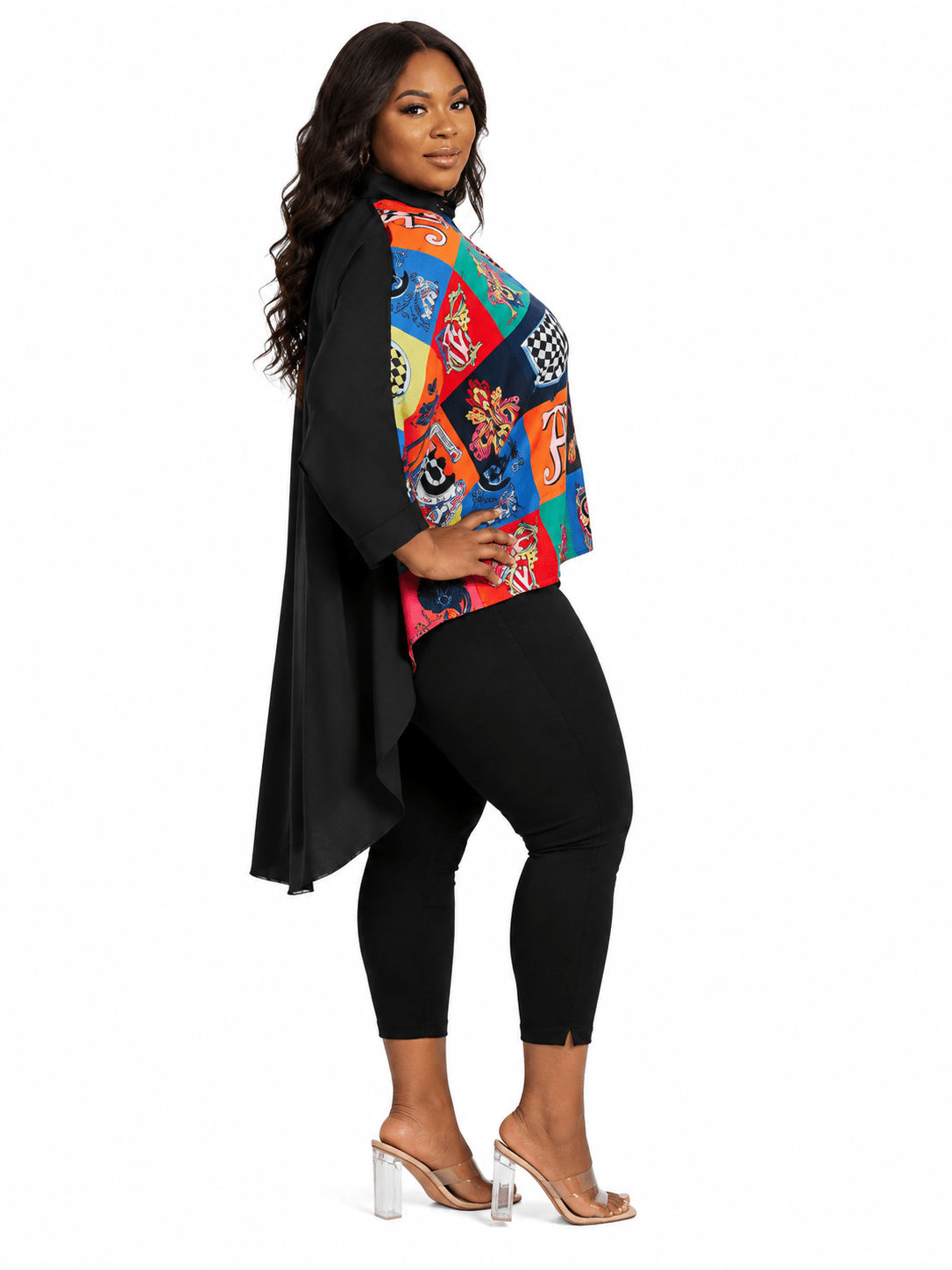 Women's Colorful Baroque Alphabet Print Oversized Button-Up Shirt – Plus Size Three-Quarter Sleeve High-Low Casual Blouse - Top - Cherubim Aura