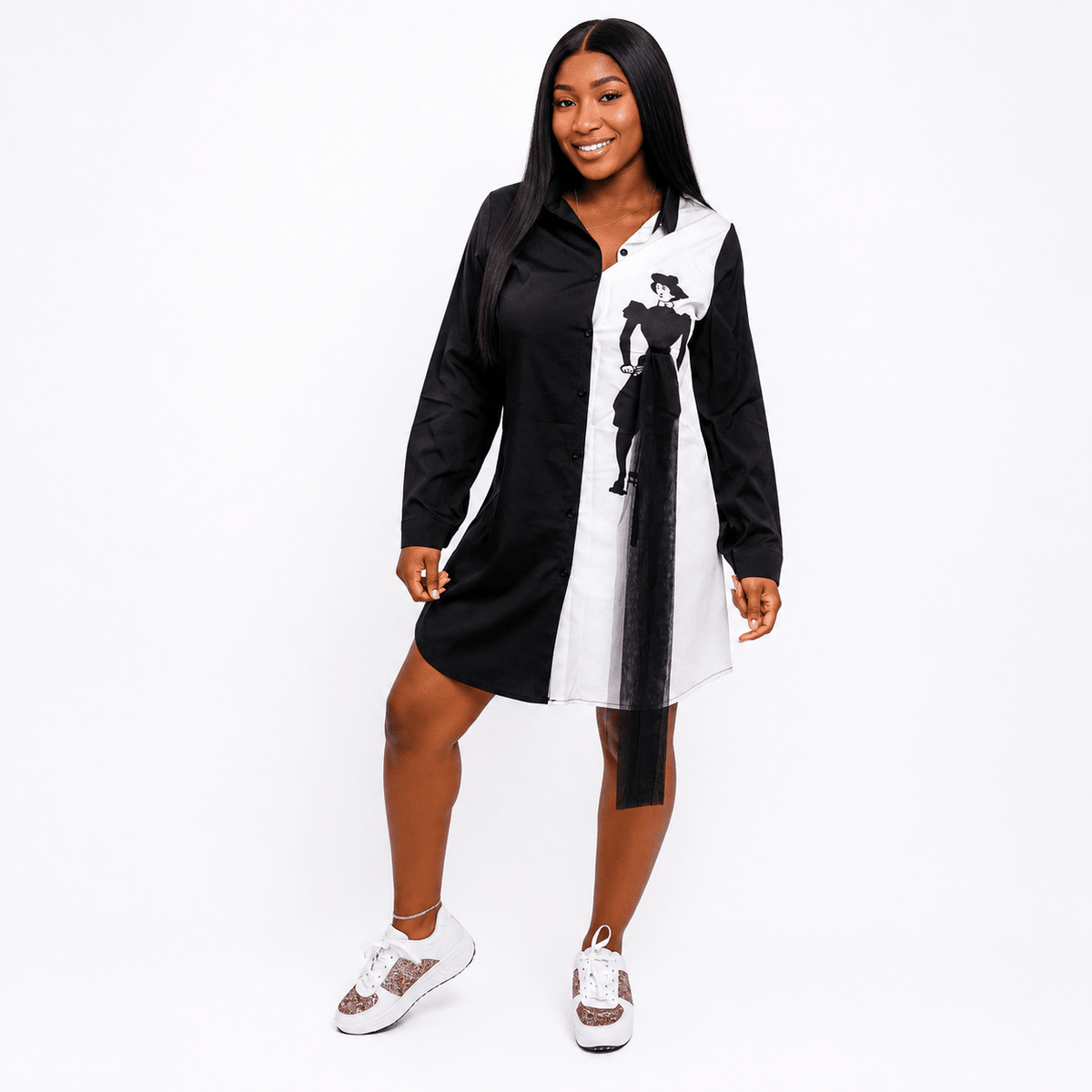 Women's Colour Block Graphic Shirt Mini Dress – Long Sleeve Button Front Casual Dress with Mesh Tie Detail (Black/White & Mustard/White) - Mini Dress - Cherubim Aura
