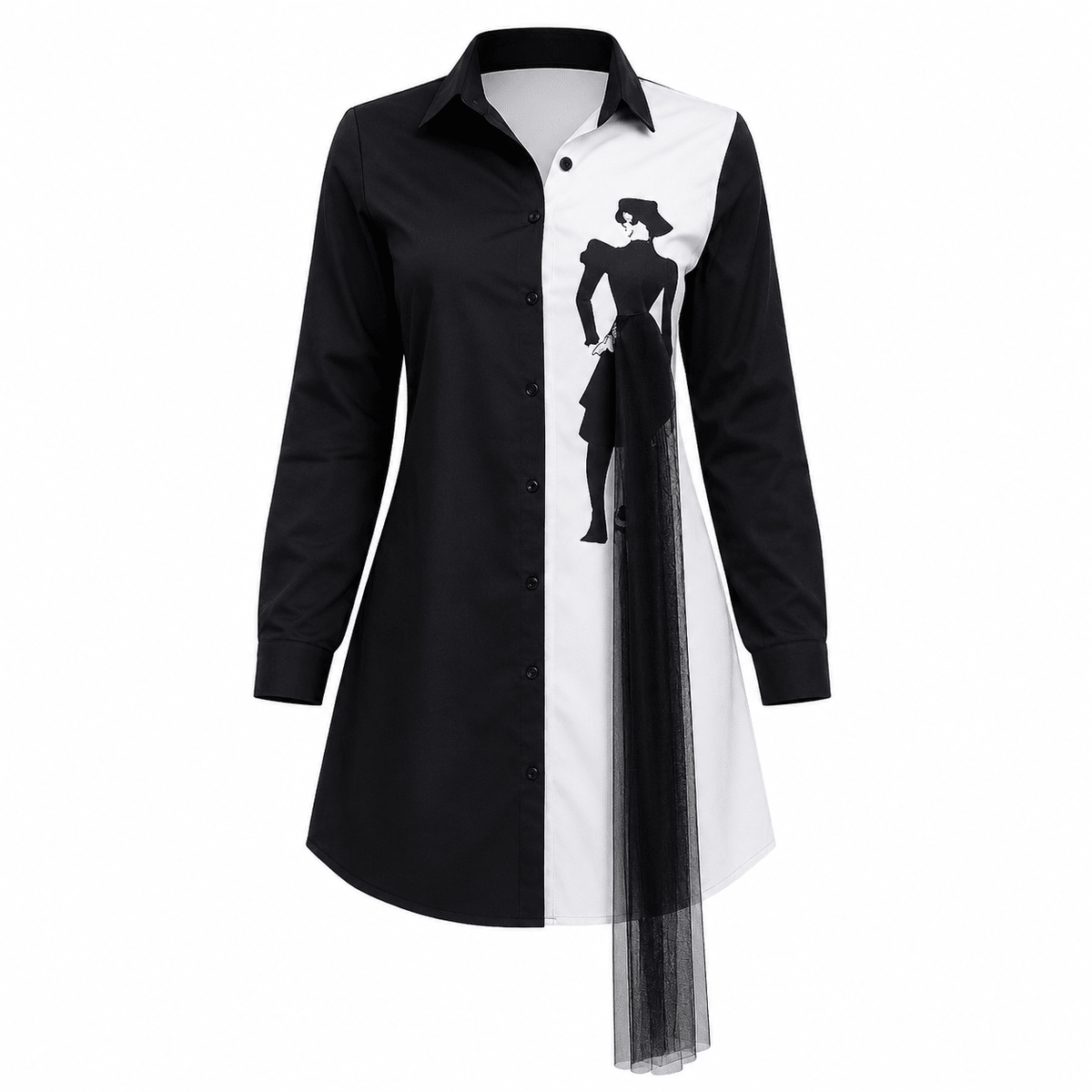 Women's Colour Block Graphic Shirt Mini Dress – Long Sleeve Button Front Casual Dress with Mesh Tie Detail (Black/White & Mustard/White) - Mini Dress - Cherubim Aura