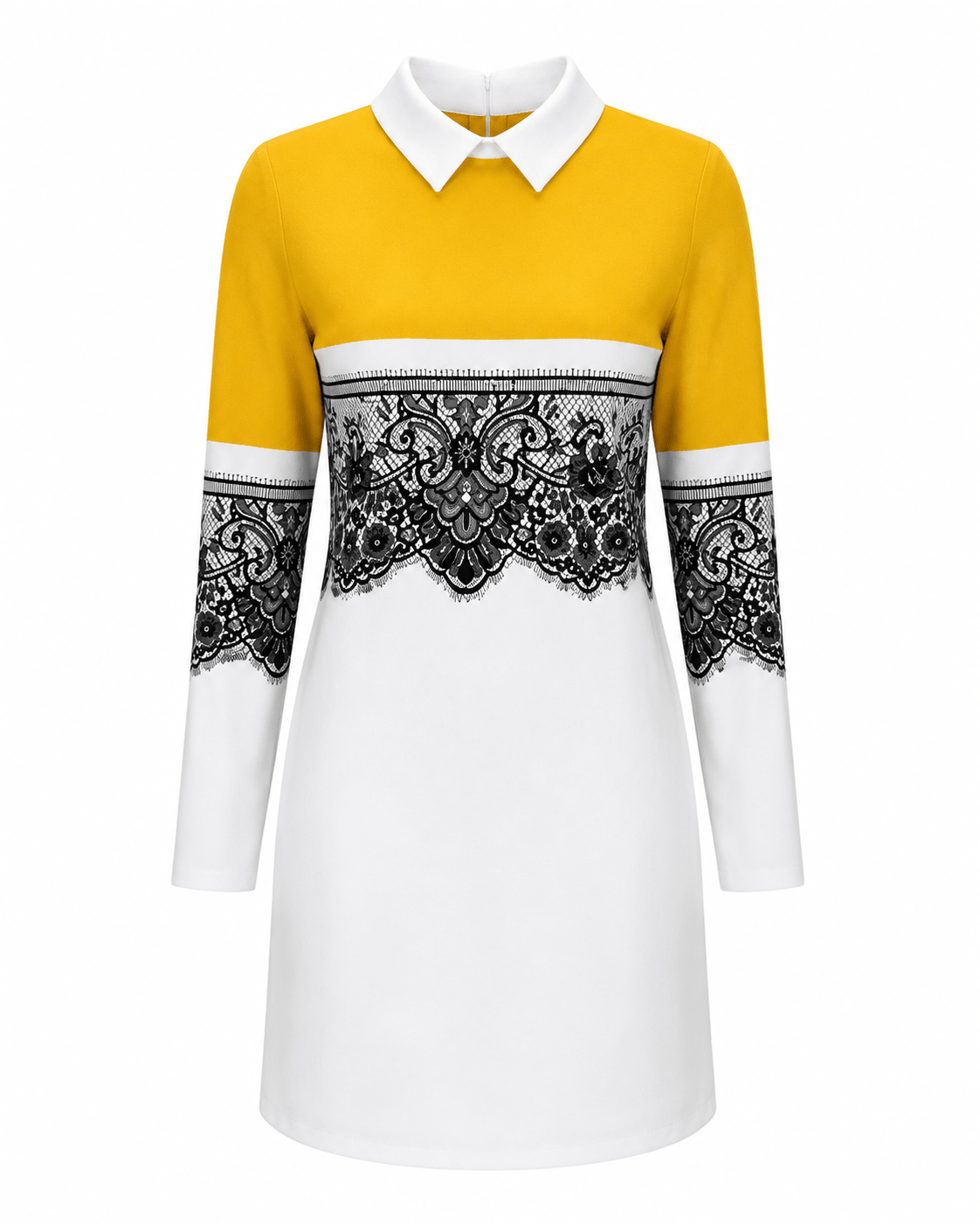 Women's Contrast Collar Lace Print Mini Shift Dress – Long Sleeve Elegant Casual Dress (Yellow & Red) - Mini Dress - Cherubim Aura