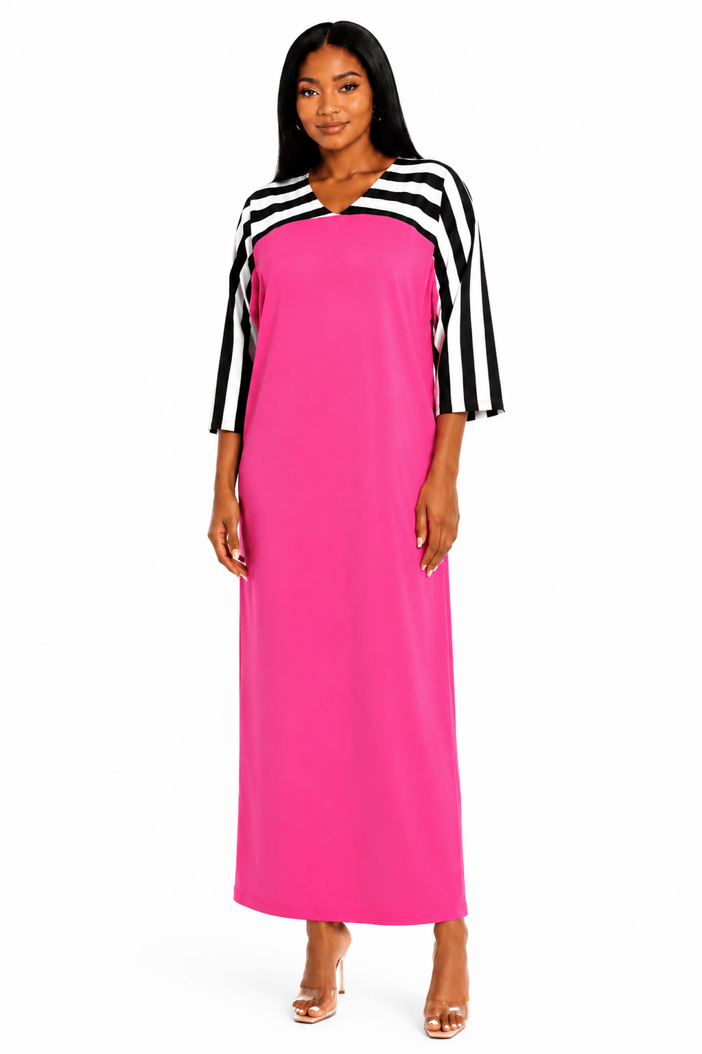 Women's Contrast Stripe Maxi Dress – Relaxed Fit V-Neck 3/4 Sleeve Long Maxi Dress (Size 10 - 20) - Maxi Dress - Cherubim Aura