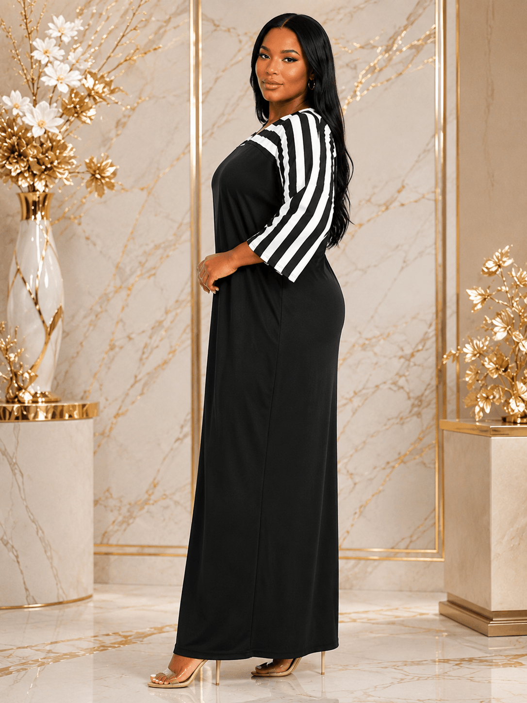 Women's Contrast Stripe Maxi Dress – Relaxed Fit V-Neck 3/4 Sleeve Long Maxi Dress (Size 10 - 20) - Maxi Dress - Cherubim Aura