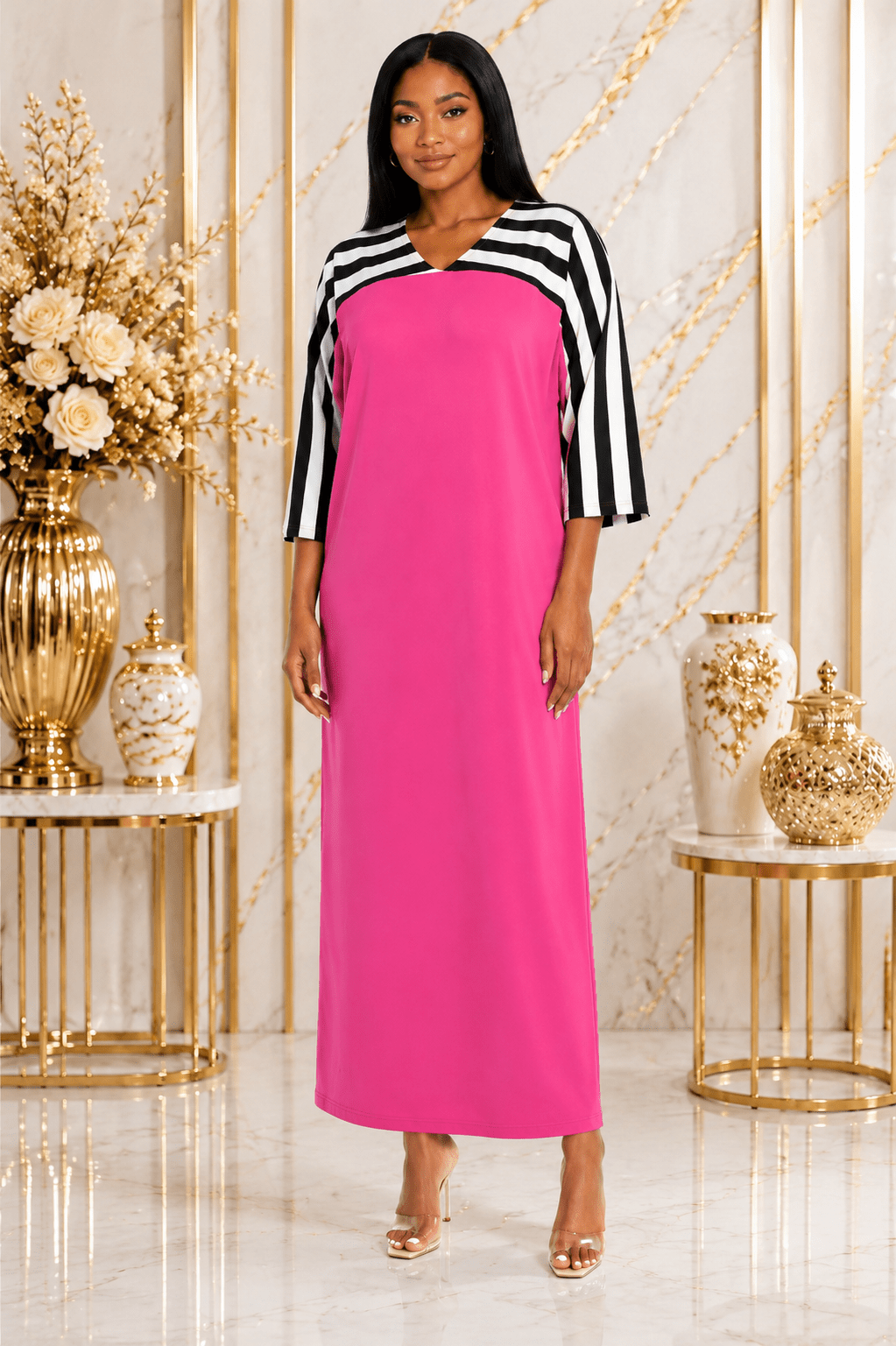 Women's Contrast Stripe Maxi Dress – Relaxed Fit V-Neck 3/4 Sleeve Long Maxi Dress (Size 10 - 20) - Maxi Dress - Cherubim Aura