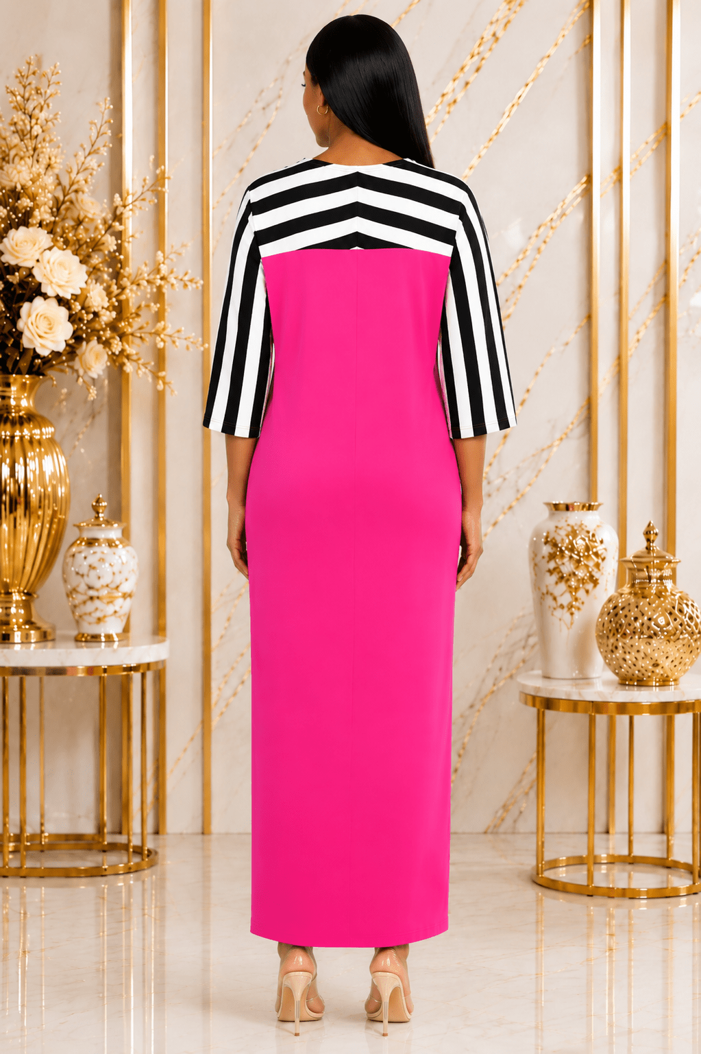 Women's Contrast Stripe Maxi Dress – Relaxed Fit V-Neck 3/4 Sleeve Long Maxi Dress (Size 10 - 20) - Maxi Dress - Cherubim Aura