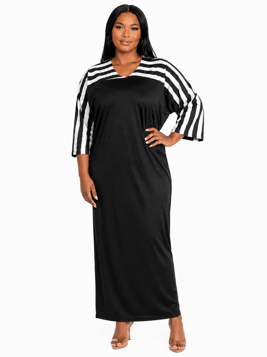 Women's Contrast Stripe Maxi Dress – Relaxed Fit V-Neck 3/4 Sleeve Long Maxi Dress (Size 10 - 20) - Maxi Dress - Cherubim Aura