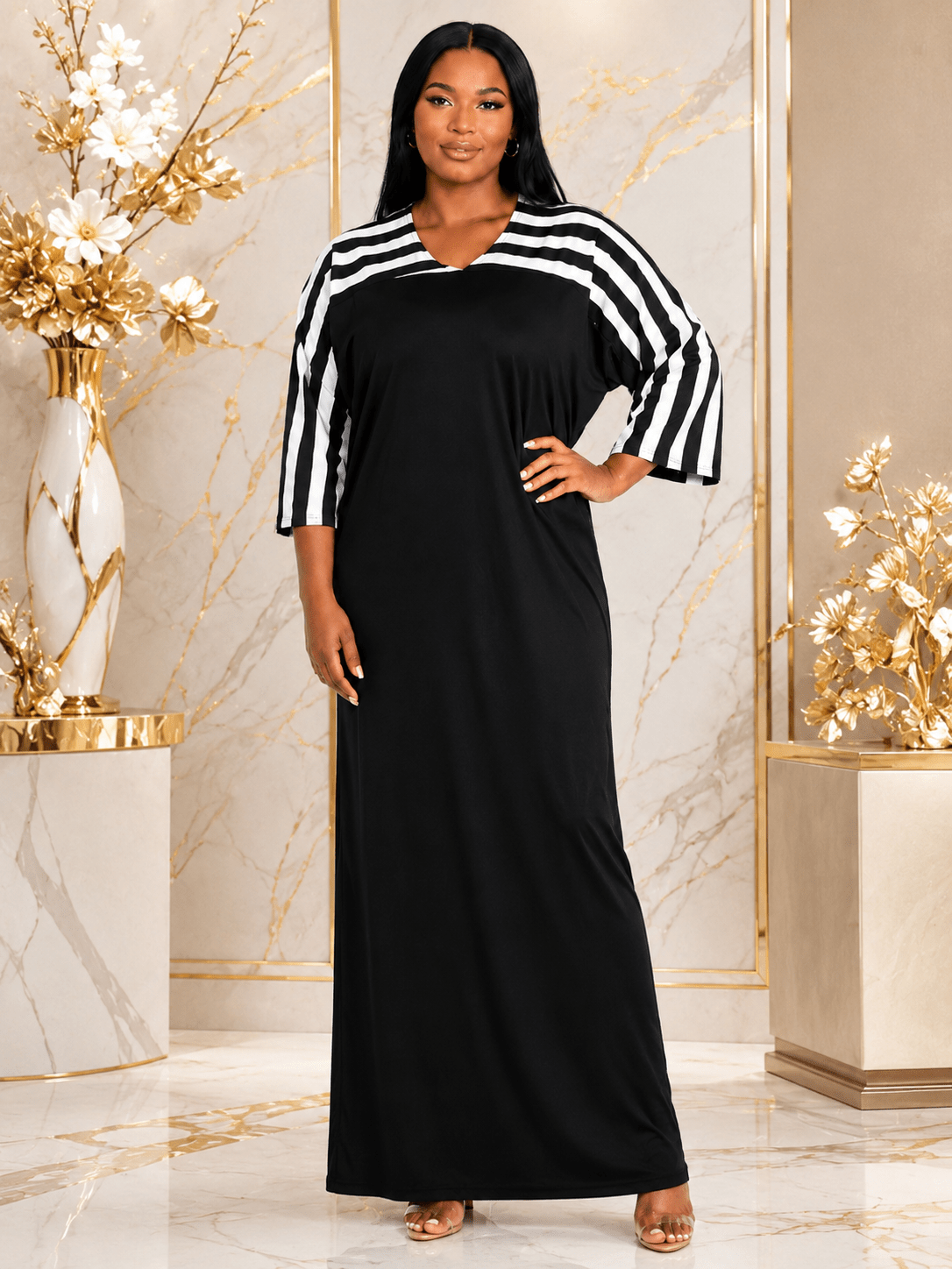 Women's Contrast Stripe Maxi Dress – Relaxed Fit V-Neck 3/4 Sleeve Long Maxi Dress (Size 10 - 20) - Maxi Dress - Cherubim Aura