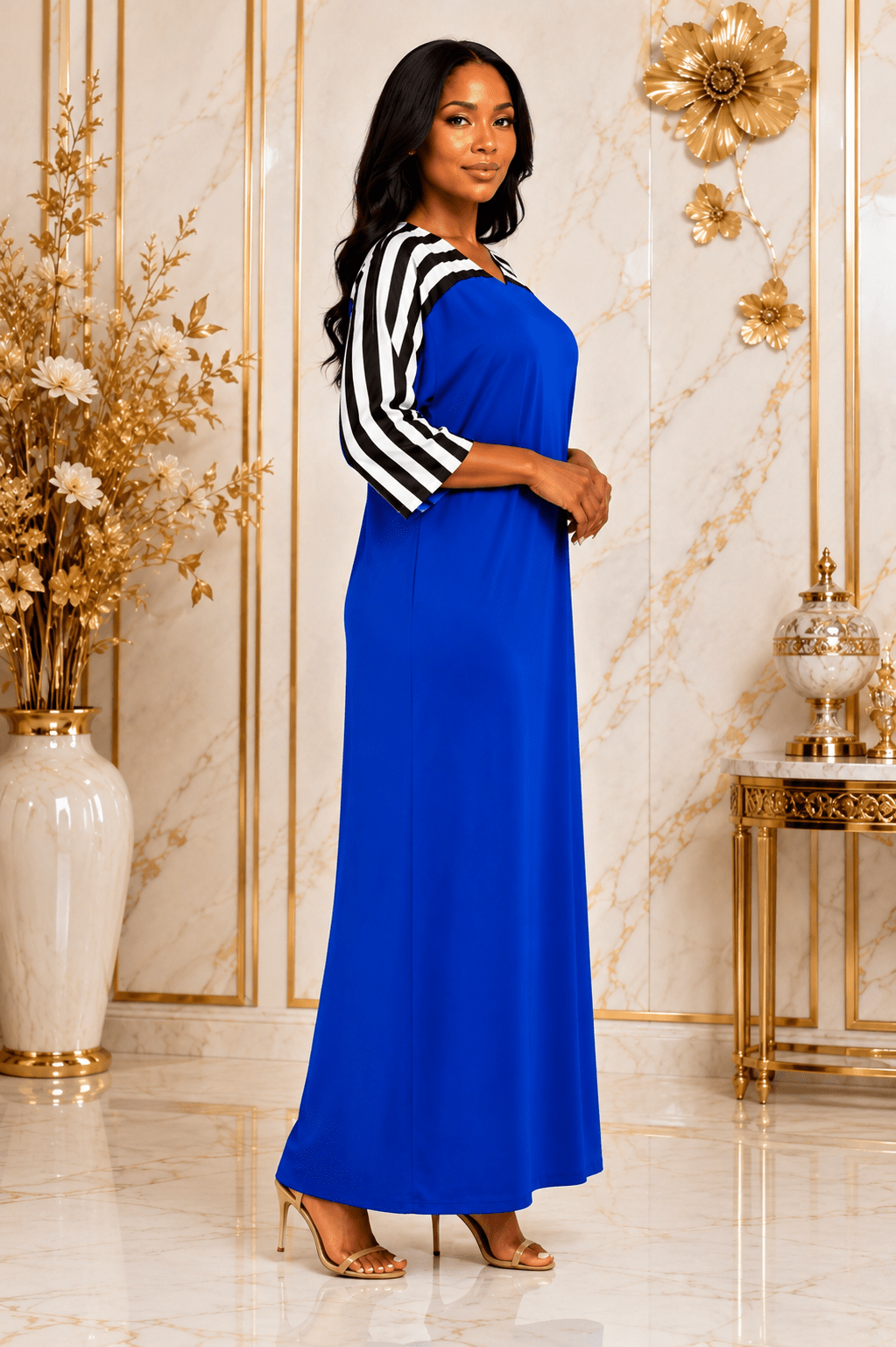 Women's Contrast Stripe Maxi Dress – Relaxed Fit V-Neck 3/4 Sleeve Long Maxi Dress (Size 10 - 20) - Maxi Dress - Cherubim Aura