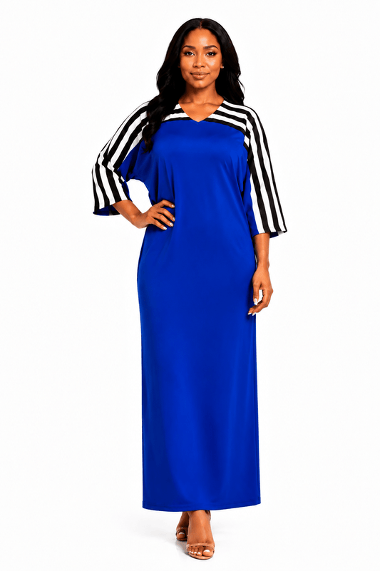Women's Contrast Stripe Maxi Dress – Relaxed Fit V-Neck 3/4 Sleeve Long Maxi Dress (Size 10 - 20) - Maxi Dress - Cherubim Aura