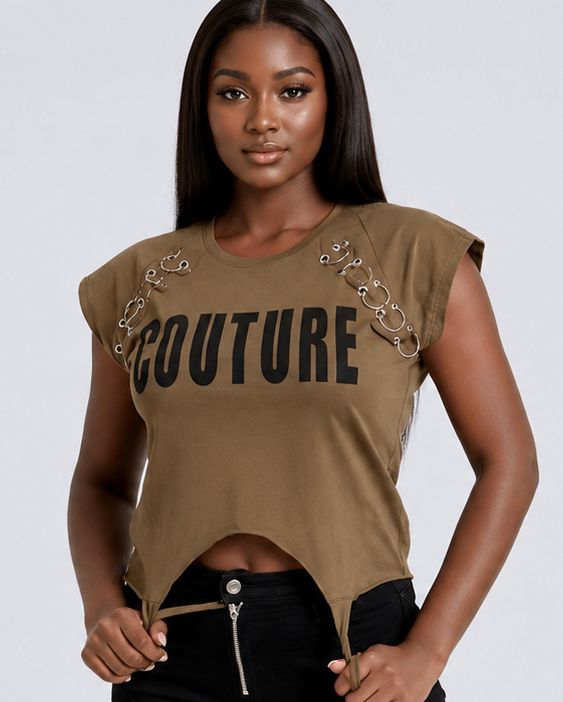 Women's COUTURE Graphic Ring Detail Crop Top – Cap Sleeve Statement Casual T-Shirt - Top - Cherubim Aura