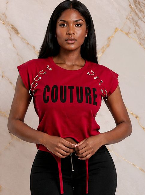 Women's COUTURE Graphic Ring Detail Crop Top – Cap Sleeve Statement Casual T-Shirt - Top - Cherubim Aura