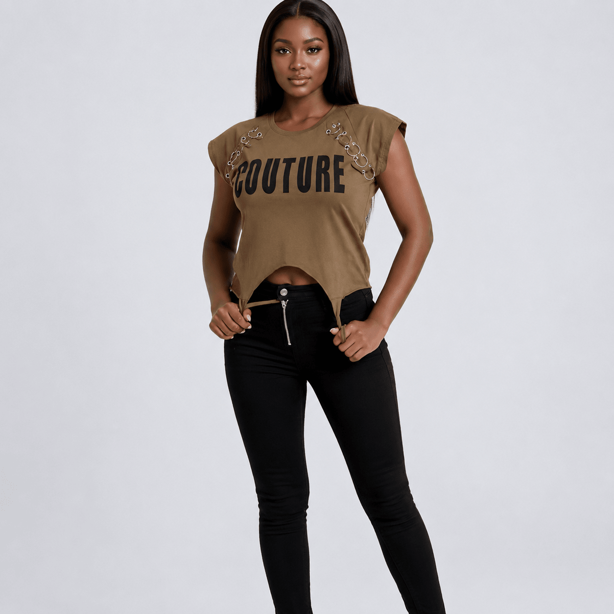 Women's COUTURE Graphic Ring Detail Crop Top – Cap Sleeve Statement Casual T-Shirt - Top - Cherubim Aura