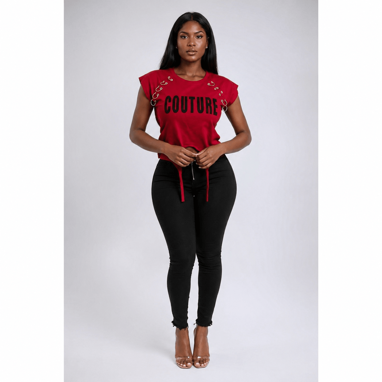 Women's COUTURE Graphic Ring Detail Crop Top – Cap Sleeve Statement Casual T-Shirt - Top - Cherubim Aura