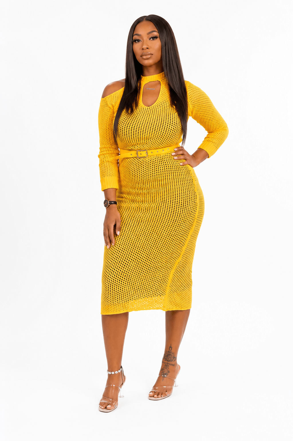 Women's Crochet Knit Bodycon Midi Dress with Black Inner Slip | One Size (UK 8–14) - Midi Dresses - Cherubim Aura