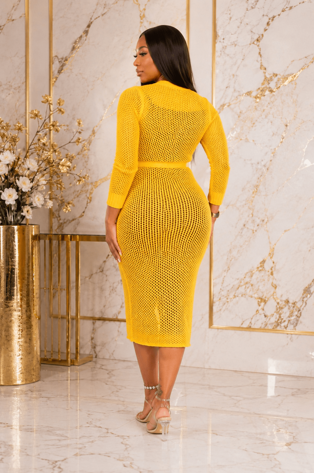 Women's Crochet Knit Bodycon Midi Dress with Black Inner Slip | One Size (UK 8–14) - Midi Dresses - Cherubim Aura
