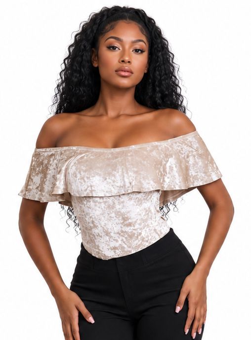 Women's Crushed Velvet Off-Shoulder Ruffle Bodysuit – Elegant Short Sleeve Fitted Dressy Top - Top - Cherubim Aura