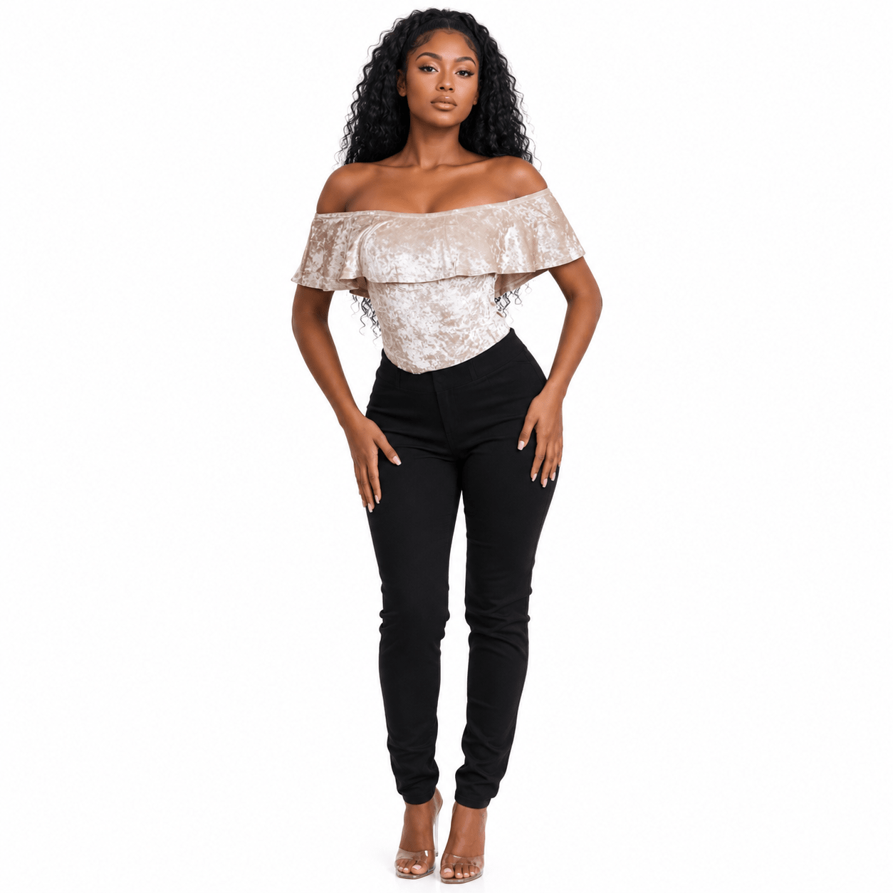 Women's Crushed Velvet Off-Shoulder Ruffle Bodysuit – Elegant Short Sleeve Fitted Dressy Top - Top - Cherubim Aura