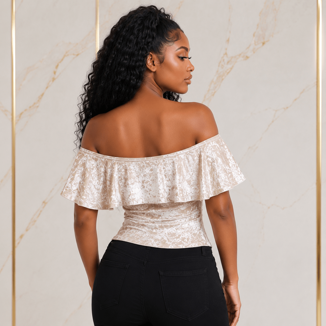 Women's Crushed Velvet Off-Shoulder Ruffle Bodysuit – Elegant Short Sleeve Fitted Dressy Top - Top - Cherubim Aura
