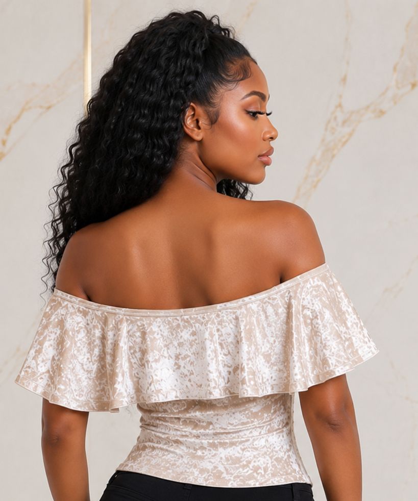 Women's Crushed Velvet Off-Shoulder Ruffle Bodysuit – Elegant Short Sleeve Fitted Dressy Top - Top - Cherubim Aura