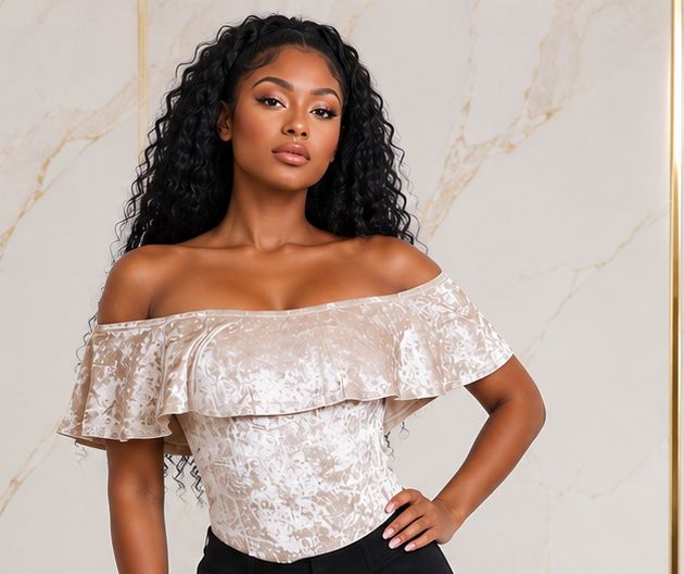 Women's Crushed Velvet Off-Shoulder Ruffle Bodysuit – Elegant Short Sleeve Fitted Dressy Top - Top - Cherubim Aura