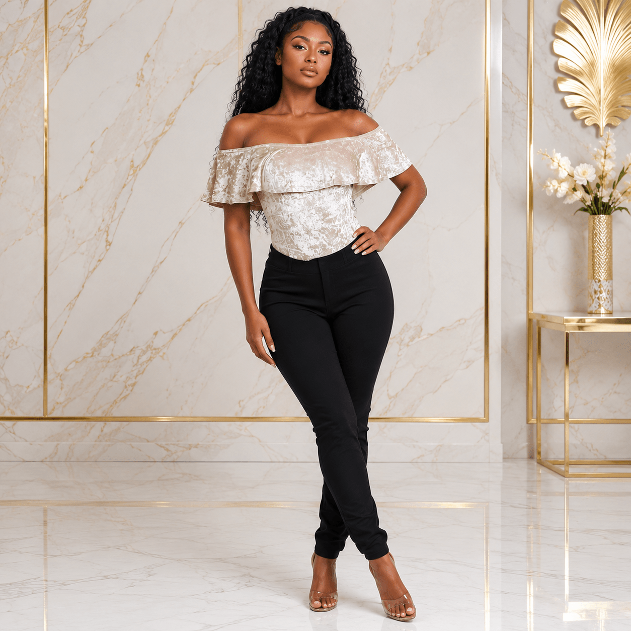Women's Crushed Velvet Off-Shoulder Ruffle Bodysuit – Elegant Short Sleeve Fitted Dressy Top - Top - Cherubim Aura