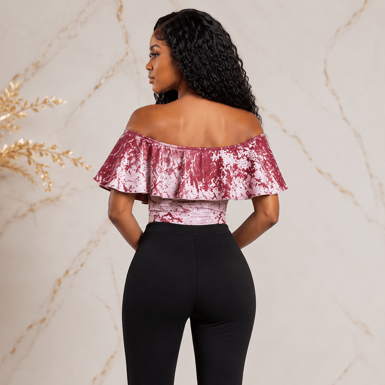 Women's Crushed Velvet Off-Shoulder Ruffle Bodysuit – Elegant Short Sleeve Fitted Dressy Top - Top - Cherubim Aura