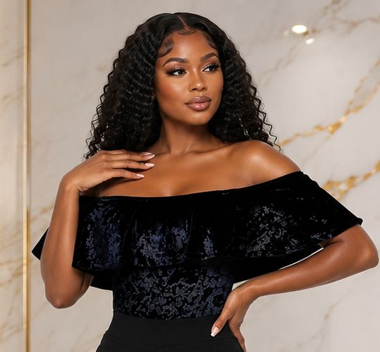 Women's Crushed Velvet Off-Shoulder Ruffle Bodysuit – Elegant Short Sleeve Fitted Dressy Top - Top - Cherubim Aura