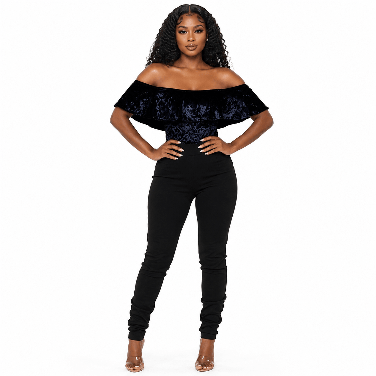 Women's Crushed Velvet Off-Shoulder Ruffle Bodysuit – Elegant Short Sleeve Fitted Dressy Top - Top - Cherubim Aura