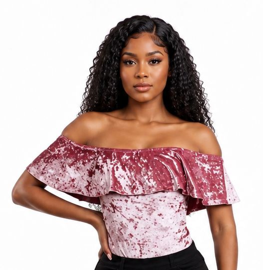 Women's Crushed Velvet Off-Shoulder Ruffle Bodysuit – Elegant Short Sleeve Fitted Dressy Top - Top - Cherubim Aura