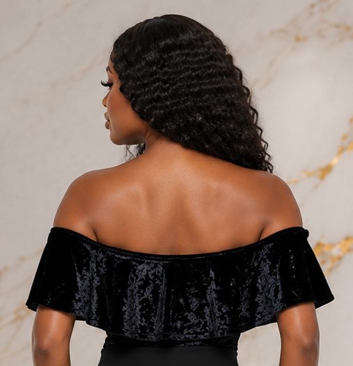 Women's Crushed Velvet Off-Shoulder Ruffle Bodysuit – Elegant Short Sleeve Fitted Dressy Top - Top - Cherubim Aura