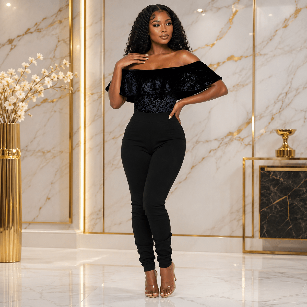 Women's Crushed Velvet Off-Shoulder Ruffle Bodysuit – Elegant Short Sleeve Fitted Dressy Top - Top - Cherubim Aura