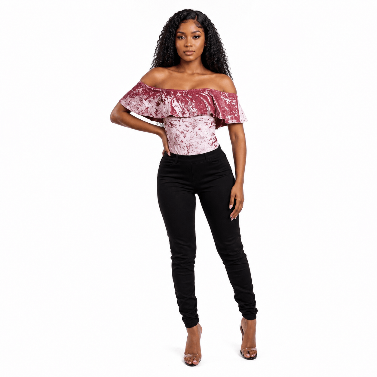 Women's Crushed Velvet Off-Shoulder Ruffle Bodysuit – Elegant Short Sleeve Fitted Dressy Top - Top - Cherubim Aura