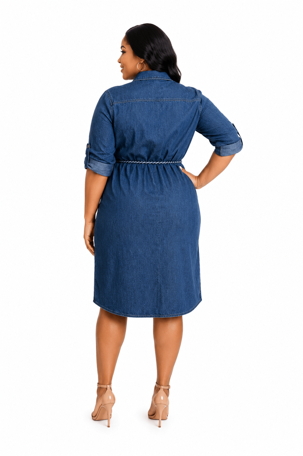 Women's Denim Zip Front Shirt Midi Dress with Waist Tie – Casual Roll-Tab Sleeve Collared Dress - Midi Dresses - Cherubim Aura