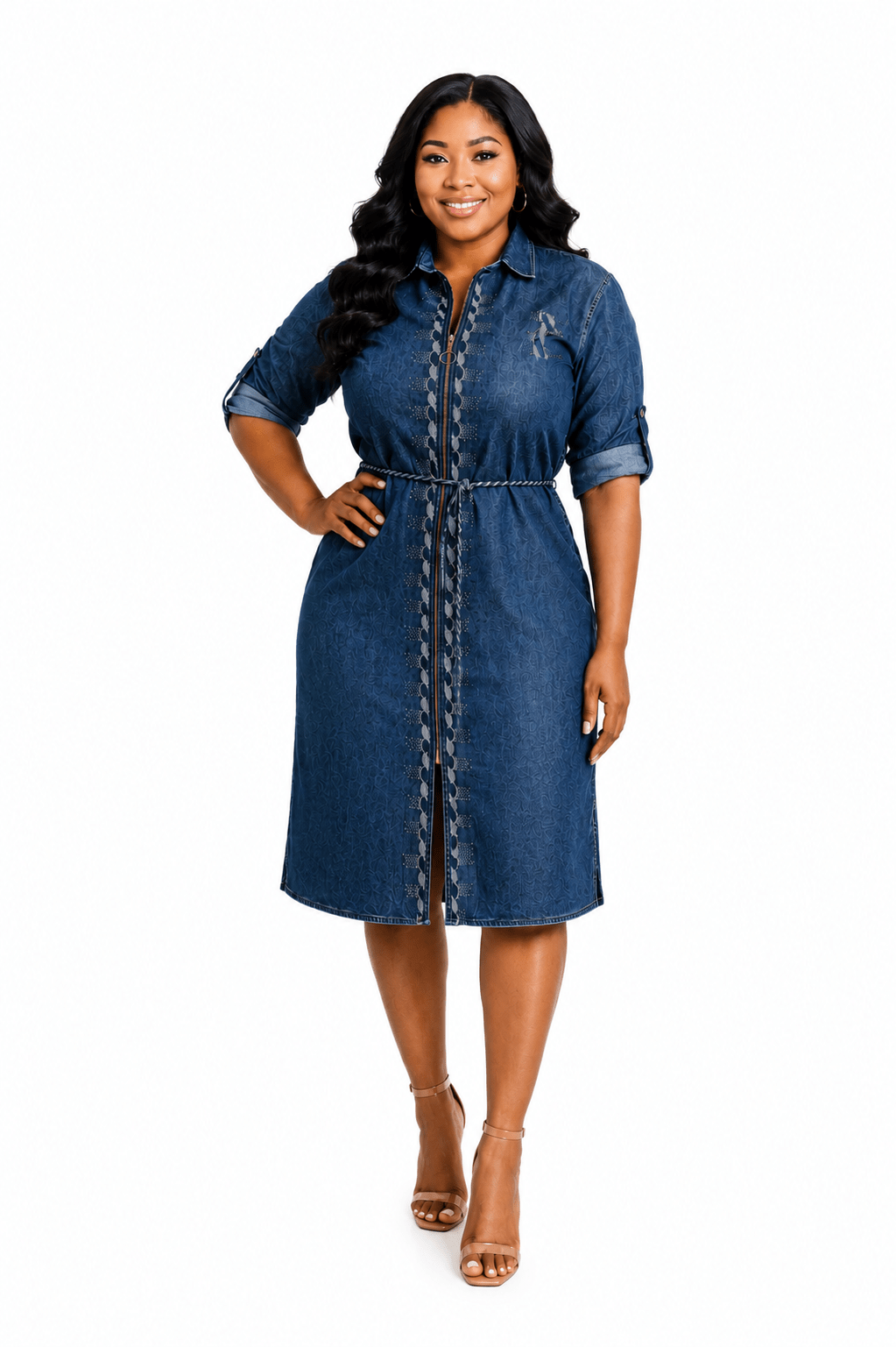 Women's Denim Zip Front Shirt Midi Dress with Waist Tie – Casual Roll-Tab Sleeve Collared Dress - Midi Dresses - Cherubim Aura